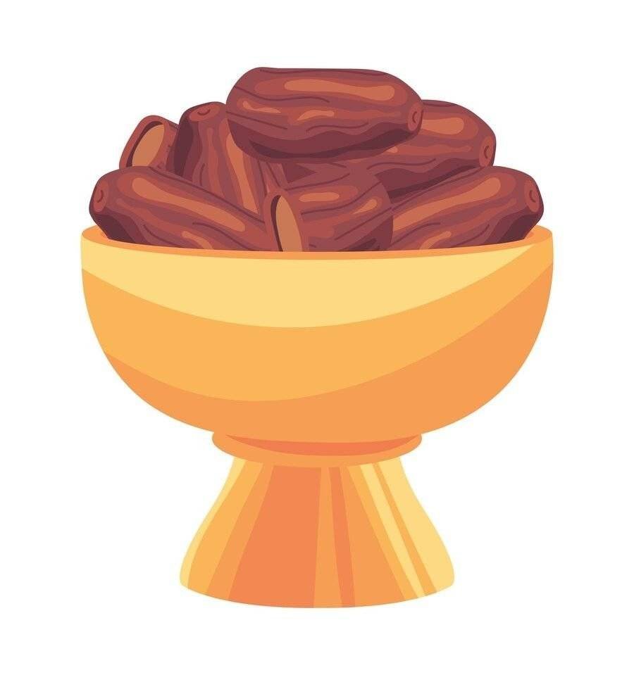 A golden bowl filled with brown dates stacked neatly inside.